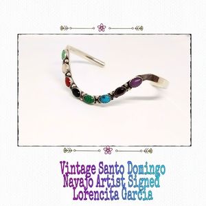 Vintage Santo Domingo Navajo Artisan Lorencita Signed Sterling Gemstone Cuff